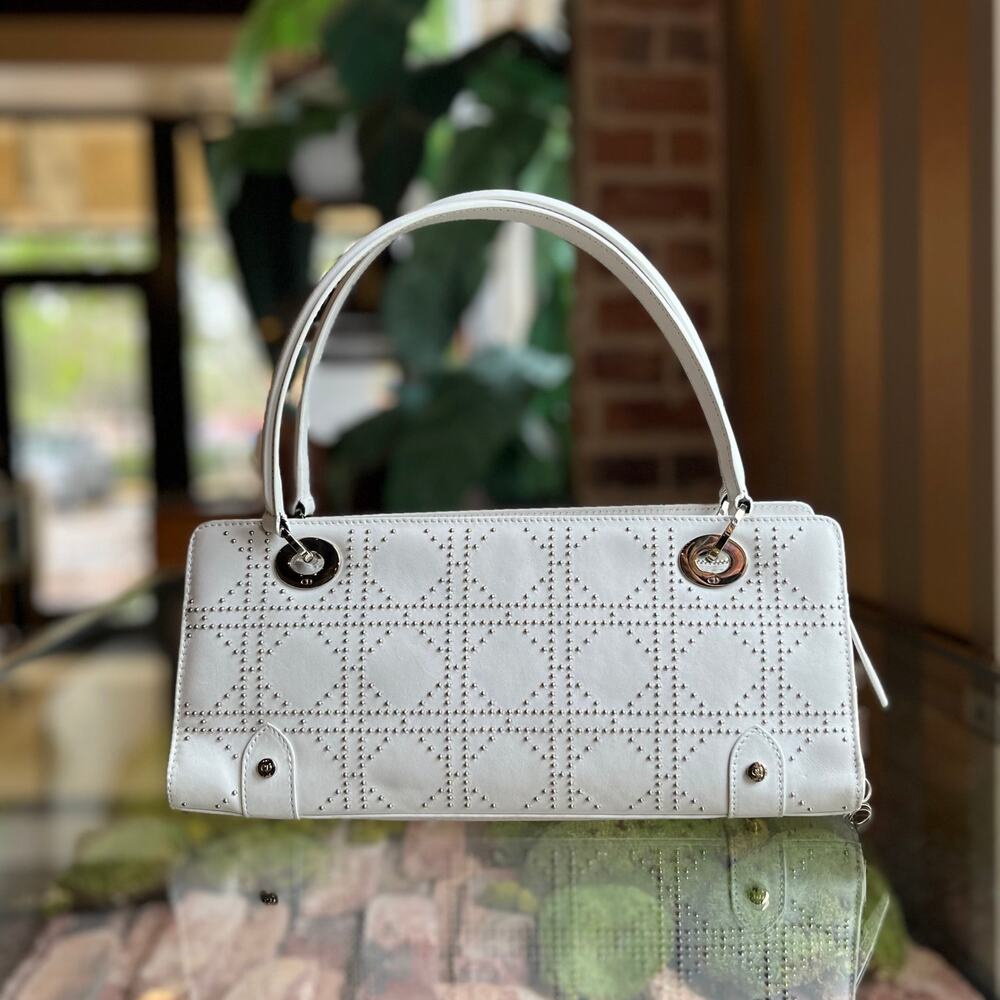 DIOR Lady Dior East West White Calfskin Leather Studded Tote Bag - Picture 2 of 16